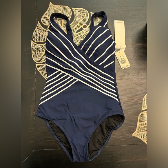 Gottex Tummy Control Surplice V Neck One Piece Swimsuit Navy White Stripes Women - Picture 9 of 11